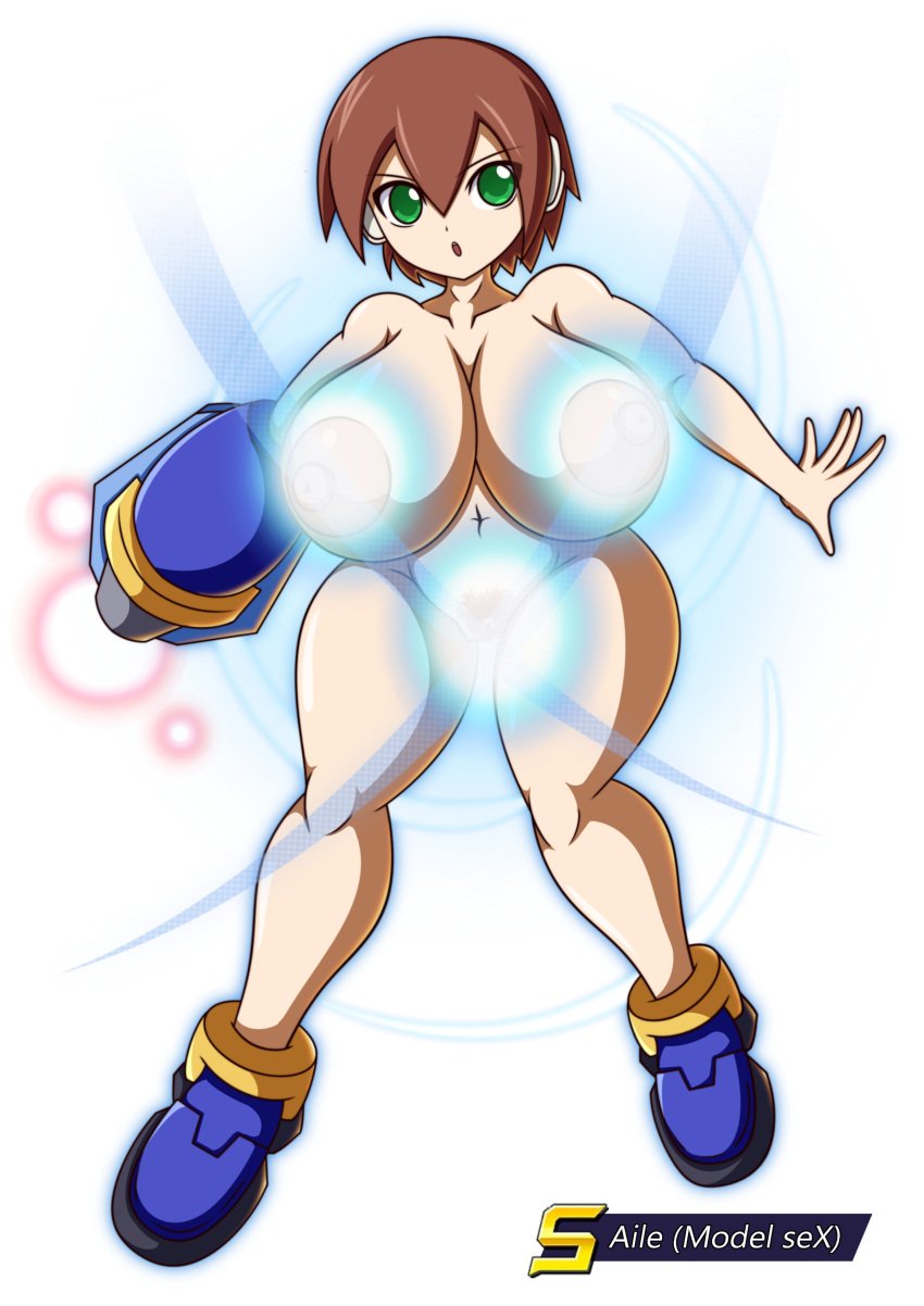 1girls aile angry angry_face areolae arm_cannon bangs belly_button big_areola big_breasts big_nipples blue_shoes breasts brown_hair capcom ear_covers earpiece energy female female_focus female_only gameplay_mechanics gold_trim green_eyes huge_breasts large_breasts light_censor light_trail looking_away mechanical_arm mega_man mega_man_zx midriff naked nipples nude nude_female pubes pubic_hair s1-14 shoes shoes_only short_hair thick_thighs white_background wide_hips