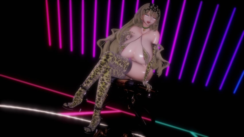 1girls 3d armwear bell_collar big_breasts breasts_bigger_than_head glowing_eyes glowing_tattoo heart-shaped_pupils honkai_impact_3rd huge_breasts leopard_print micro_bikini mireille_(mmd) mmd pubic_tattoo slit_pupils tagme tagme_(character) thighhighs tongue_out