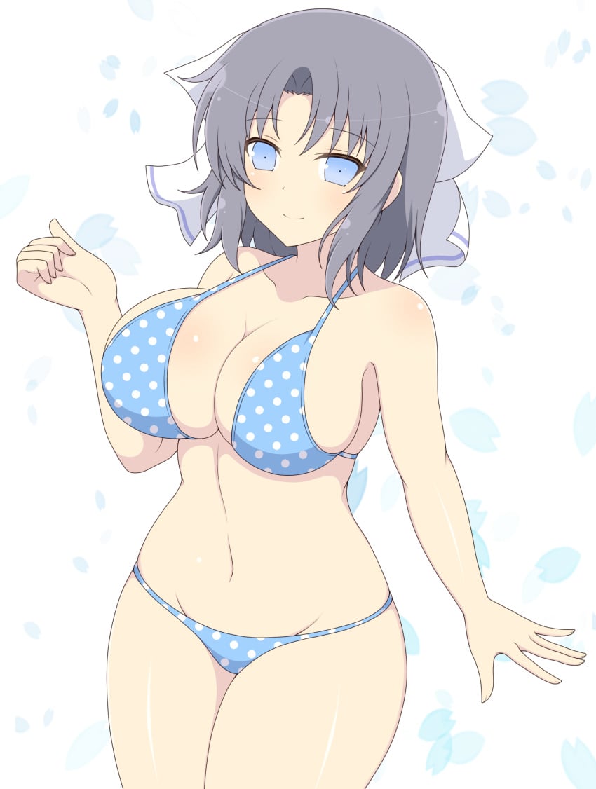 1girls blue_eyes collarbone female hair_ornament ichiryuu_tsumiki large_breasts light-skinned_female light_skin looking_at_viewer medium_hair midriff navel polka_dot_bikini purple_hair senran_kagura simple_background smile solo standing thick_thighs yumi_(senran_kagura)