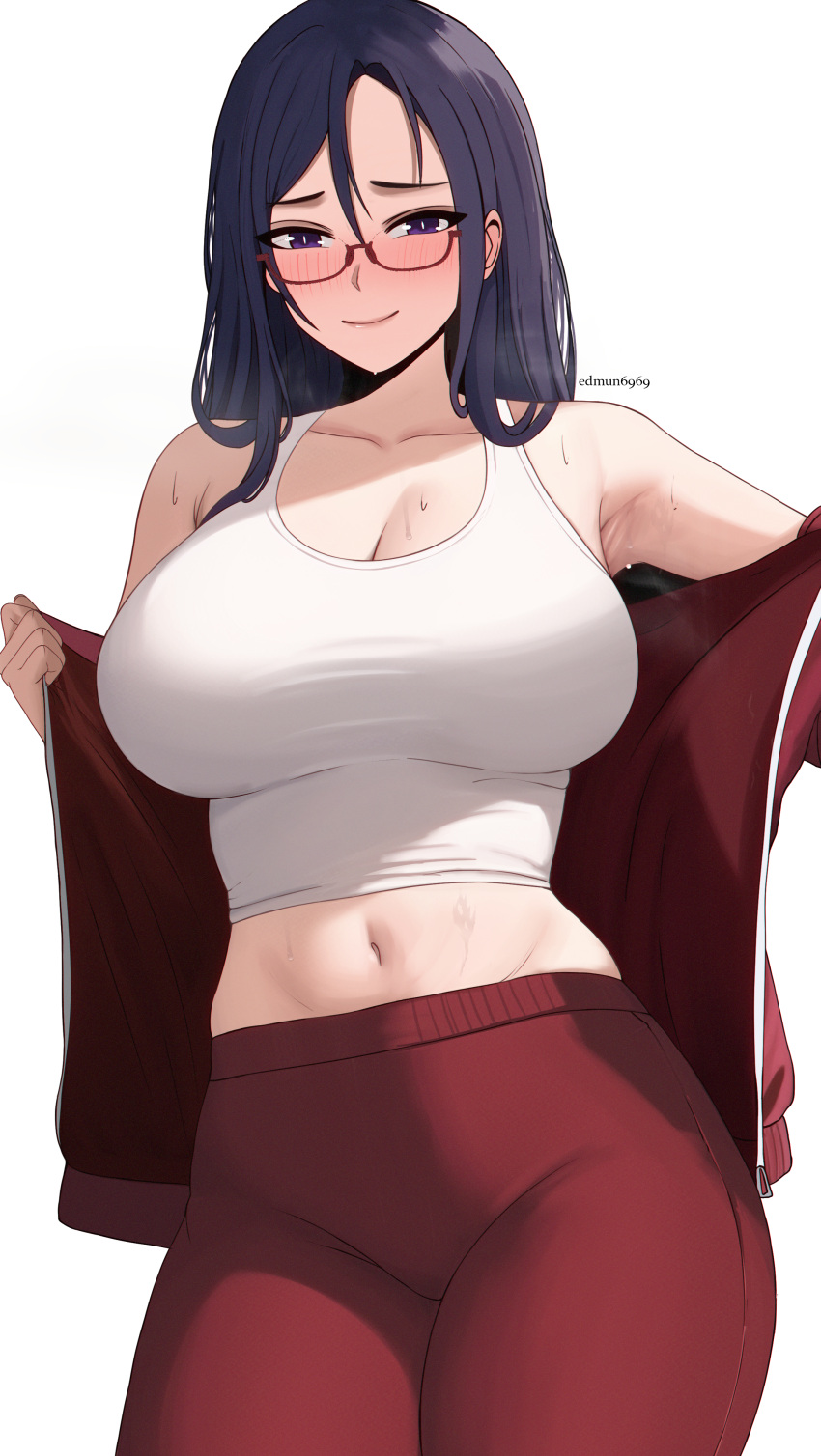 1girls breasts demi-chan_wa_kataritai edmun female glasses high_resolution hips huge_breasts light-skinned_female light_skin long_hair purple_hair satou_sakie smile sportswear succubus sweat sweaty_body tank_top thick_thighs thighs wide_hips