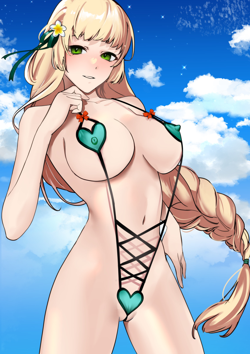 1girls bangs blonde_hair braid braided_ponytail breasts covered_nipples female female_only fire_emblem fire_emblem:_three_houses green_eyes green_one-piece_swimsuit green_swimsuit grin heart ingrid_brandl_galatea long_hair looking_at_viewer medium_breasts nintendo one-piece_swimsuit outdoors revealing_clothes sideboob slingshot_swimsuit smile solo very_long_hair zakometti