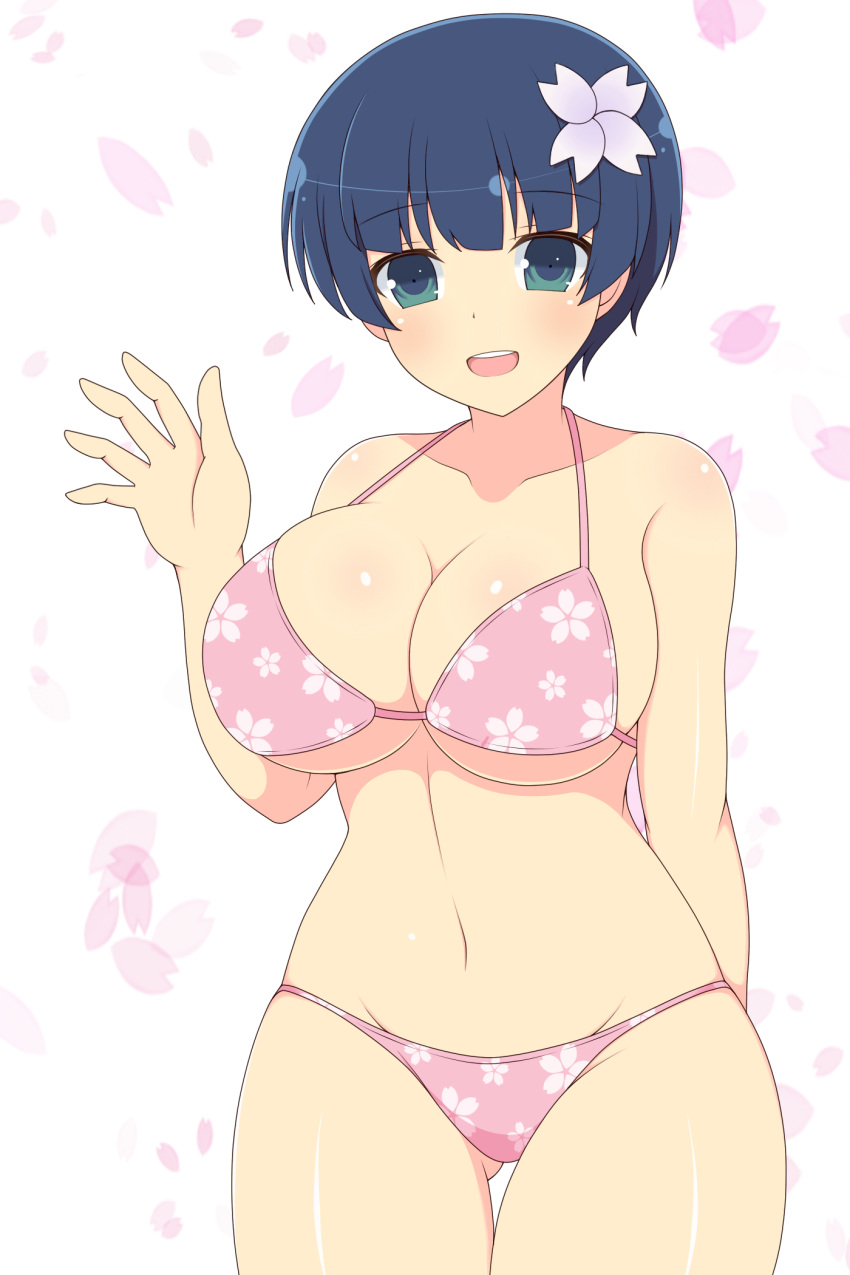 1girls :d ass_visible_through_thighs bikini blue_eyes blue_hair female flower flower_in_hair flower_pattern flower_petals front_view ichiryuu_tsumiki large_breasts light-skinned_female light_skin looking_at_viewer midriff navel open_mouth senran_kagura short_hair simple_background smile solo standing straight_hair yozakura_(senran_kagura)