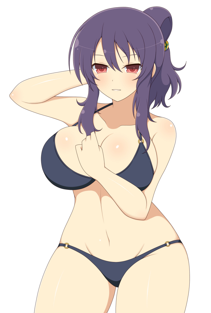 1girls accurate_art_style female hair_between_eyes huge_breasts ichiryuu_tsumiki light-skinned_female light_skin long_hair looking_at_viewer midriff navel one_arm_up ponytail purple_hair red_eyes rin_(senran_kagura) senran_kagura sidelocks simple_background smile solo standing suzune_(senran_kagura) underwear white_background