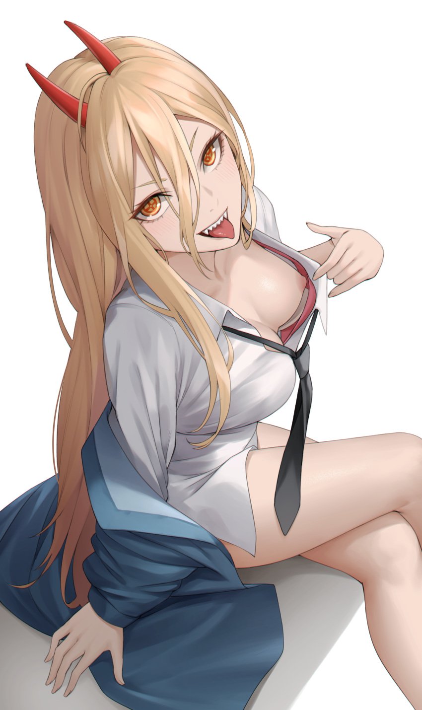 1girls areolae blonde_hair bra bra_pull breasts chainsaw_man crossed_legs exposed_nipples female female_only highres horns kuronerinka legs light-skinned_female long_hair looking_at_viewer looking_up medium_breasts nipples open_shirt power_(chainsaw_man) presenting presenting_breasts red_bra seductive sharp_teeth shirt shirt_pull sitting solo tie tongue_out uniform white_background white_shirt yellow_eyes