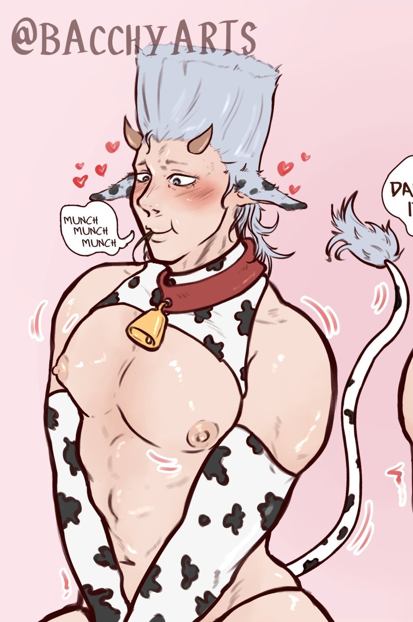 1boy bacchyarts blush cow_bell cow_bikini cow_ears cow_horns cow_print cow_print_bikini cow_tail eating_grass jean_pierre_polnareff jojo's_bizarre_adventure male solo solo_male stardust_crusaders