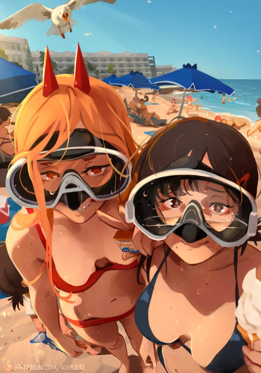 beach beam_(chainsaw_man) bikini breasts chainsaw_man denji_(chainsaw_man) female goggles higashiyama_kobeni himeno_(chainsaw_man) khyleri makima_(chainsaw_man) man_o'_war power_(chainsaw_man) quanxi's_group_(chainsaw_man) quanxi_(chainsaw_man) reze_(chainsaw_man) sand seagull selfie snorkel swimsuit swimwear tendo_michiko_(chainsaw_man) wholesome yuri