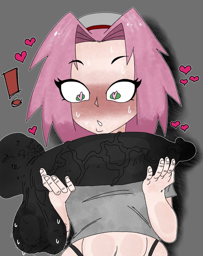 1girls big_penis black_penis blush dark-skinned_male erection female green_eyes heart heart-shaped_pupils holding_penis huge_cock human interracial large_penis naruto naruto_(series) naruto_shippuden penis pink_hair sakura_haruno shounen_jump simple_background sweat veiny_penis weener72