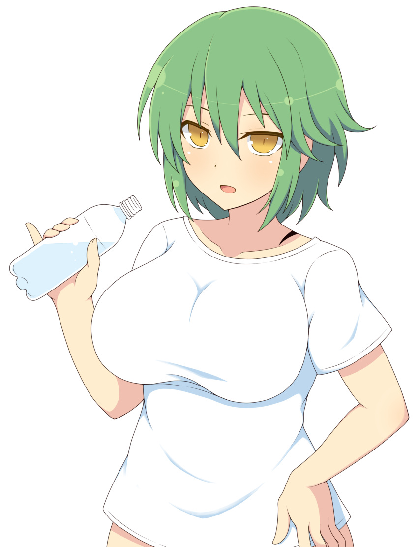 1girls collarbone female green_eyes green_hair hair_between_eyes hikage_(senran_kagura) ichiryuu_tsumiki impossible_clothes large_breasts light-skinned_female light_skin looking_at_viewer medium_hair open_mouth pinky_out senran_kagura shirt simple_background slit_pupils solo standing tattoo water_bottle white_background white_shirt