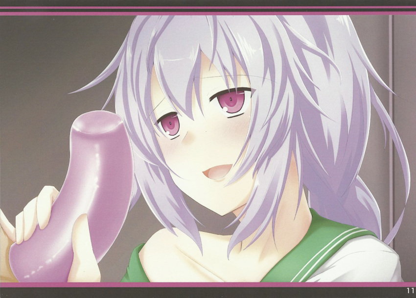 1boy 1girls bare_shoulder blush braided_ponytail clothed_female_nude_male compile_heart covered_penis female_focus hair_between_eyes handjob handjob_w/sex_toy idea_factory jerkingoff_another looking_at_another looking_up loving_gaze neptunia_(series) open_mouth pale-skinned_female pink_eyes plutia purple_hair sawaki_koma sex_toy sleepy