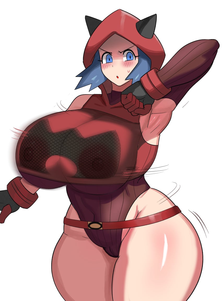 1girls areola areolae armpits big_breasts blue_eyes blue_hair blush breasts breasts_bigger_than_head cameltoe clothed clothing female female_only gloves hoodie huge_breasts large_breasts leotard looking_at_viewer navel nintendo nipples open_mouth pokemon pokemon_oras pose short_hair simple_background solo solo_female standing team_magma team_magma_grunt team_magma_grunt_(female) team_magma_grunt_(pokemon_oras) thick_thighs voluptuous white_background wide_hips ytrall