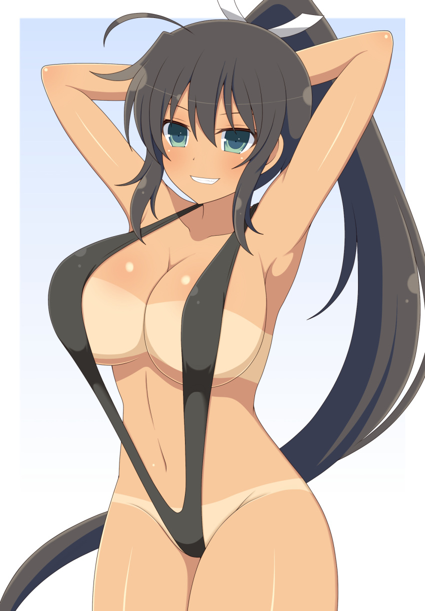 1girls ahoge armpits black_hair blue_eyes female hair_between_eyes hair_ornament hands_behind_head homura_(senran_kagura) huge_breasts ichiryuu_tsumiki light-skinned_female light_skin looking_at_viewer midriff navel ponytail senran_kagura sidelocks simple_background sling_bikini smile solo standing tan_body tanline teeth very_long_hair