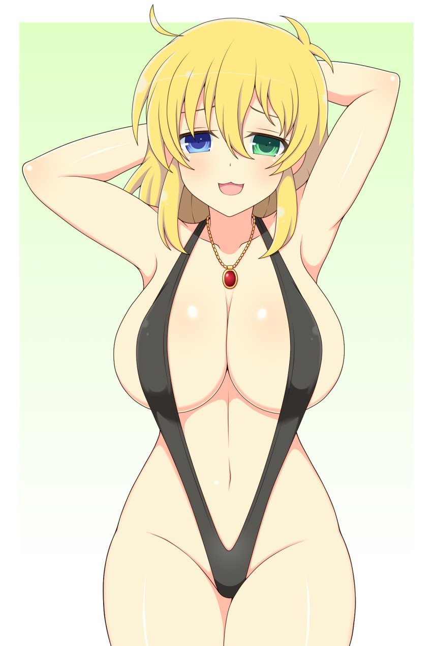 1girls :3 armpits arms_behind_head blonde_hair blue_eyes female front_view gradient_background green_eyes hair_between_eyes heterochromia huge_breasts ichiryuu_tsumiki jewelry light-skinned_female light_skin looking_at_viewer medium_hair messy_hair necklace open_mouth ryouna_(senran_kagura) senran_kagura sidelocks simple_background sling_bikini solo standing thick_thighs