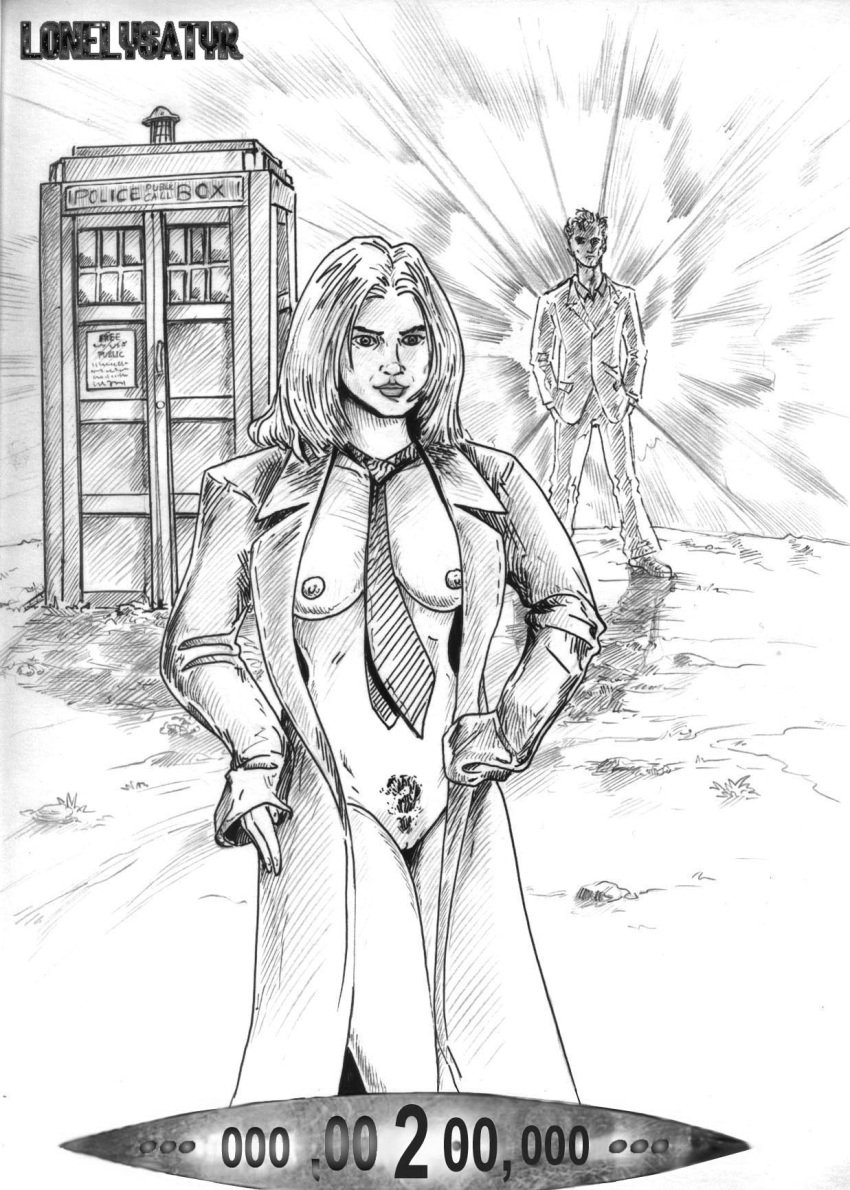 1girls companion_(doctor_who) doctor_who english_text female lonelysatyr monochrome pubic_hair rose_tyler tagme tardis tenth_doctor text the_doctor