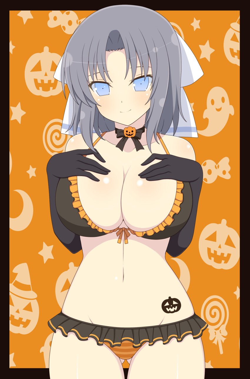 1girls ass_visible_through_thighs blue_eyes candy collar collarbone elbow_gloves female frills front-tie_top front_view ghost grey_hair hair_ornament halloween huge_breasts ichiryuu_tsumiki jack-o'-lantern light-skinned_female light_skin lollipop looking_at_viewer medium_hair midriff miniskirt moon navel orange_background senran_kagura smile solo standing star submissive_pose thigh_gap underwear witch_hat yumi_(senran_kagura)