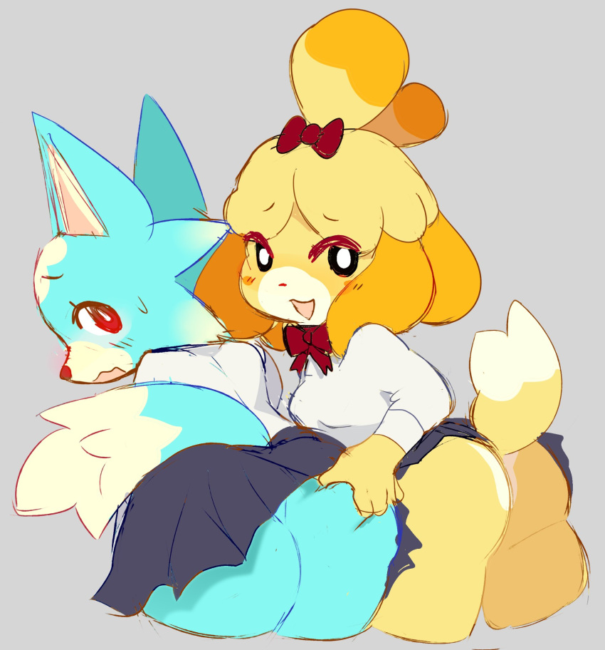 2girls animal_crossing ass ass_grab big_ass big_breasts blue_body blue_fur breasts bubble_butt canine clothed clothing domestic_dog duo englamu female female_only furry grey_background hand_on_ass huge_ass isabelle_(animal_crossing) long_sleeves looking_back mammal miniskirt nintendo open_mouth shih_tzu simple_background skirt skye_(animal_crossing) tail thighs wolf yellow_body yellow_fur