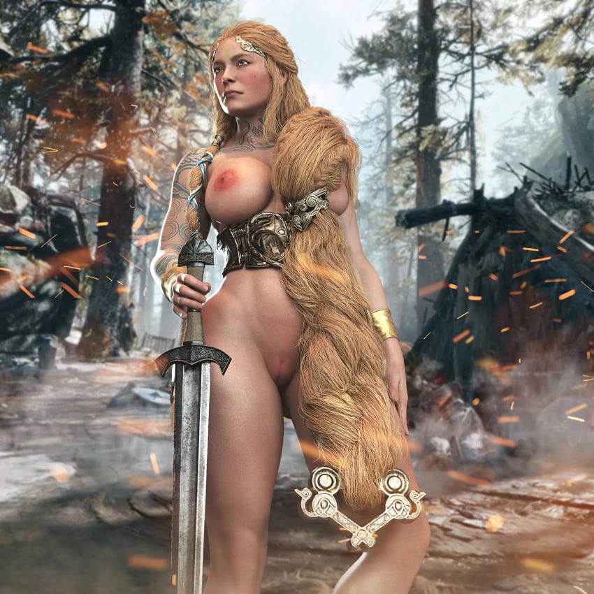 1girls 3d 3d_(artwork) aesir_(norse_mythology) areolae belt big_breasts blonde_hair blue_eyes braided_hair breasts cameltoe female female_focus female_only fit fit_female god_of_war god_of_war_ragnarok goddess hips jinxie_lizzy long_hair looking_away milf mythology naked naked_female nipples norse_mythology nude nude_female outdoors pussy santa_monica_studio sif_(god_of_war) solo sony_corporation sony_interactive_entertainment sword tattoo tattooed_arm tattoos thighs wide_hips