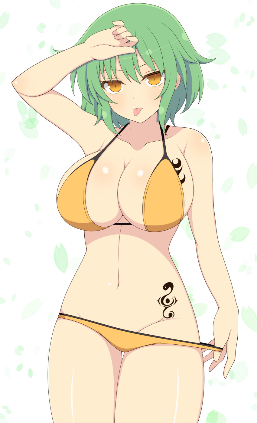 1girls :p expressionless female flower_petals front_view green_hair groin hair_between_eyes hikage_(senran_kagura) huge_breasts ichiryuu_tsumiki light-skinned_female light_skin looking_at_viewer medium_hair midriff navel one_arm_up panty_pull senran_kagura simple_background slit_pupils solo standing tattoo thigh_gap tongue tongue_out underwear yellow_eyes