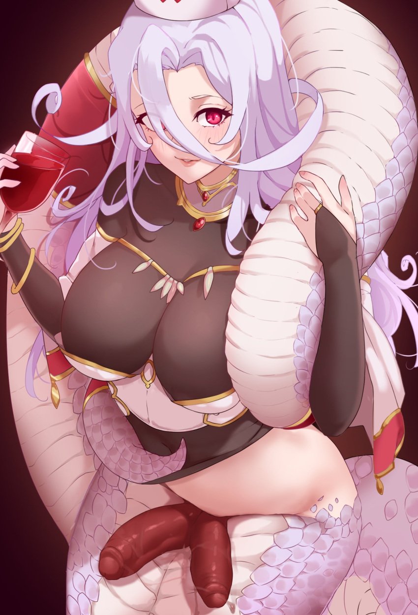 1futa alcohol big_breasts big_penis blush bottomless breasts bridal_gauntlets clothed clothing cup diphallia diphallism drinking_glass erection futa_only futa_sans_balls futanari hair_between_eyes hat high-angle_view highres holding holding_cup humanoid lamia large_breasts light-skinned_futanari light_purple_hair light_skin long_hair looking_at_viewer monster_girl monster_musume_no_oisha-san multi_penis nurse_cap parted_lips partially_clothed penis red_eyes saphentite_neikes scales slit_pupils solo tail todding uncensored wine wine_glass