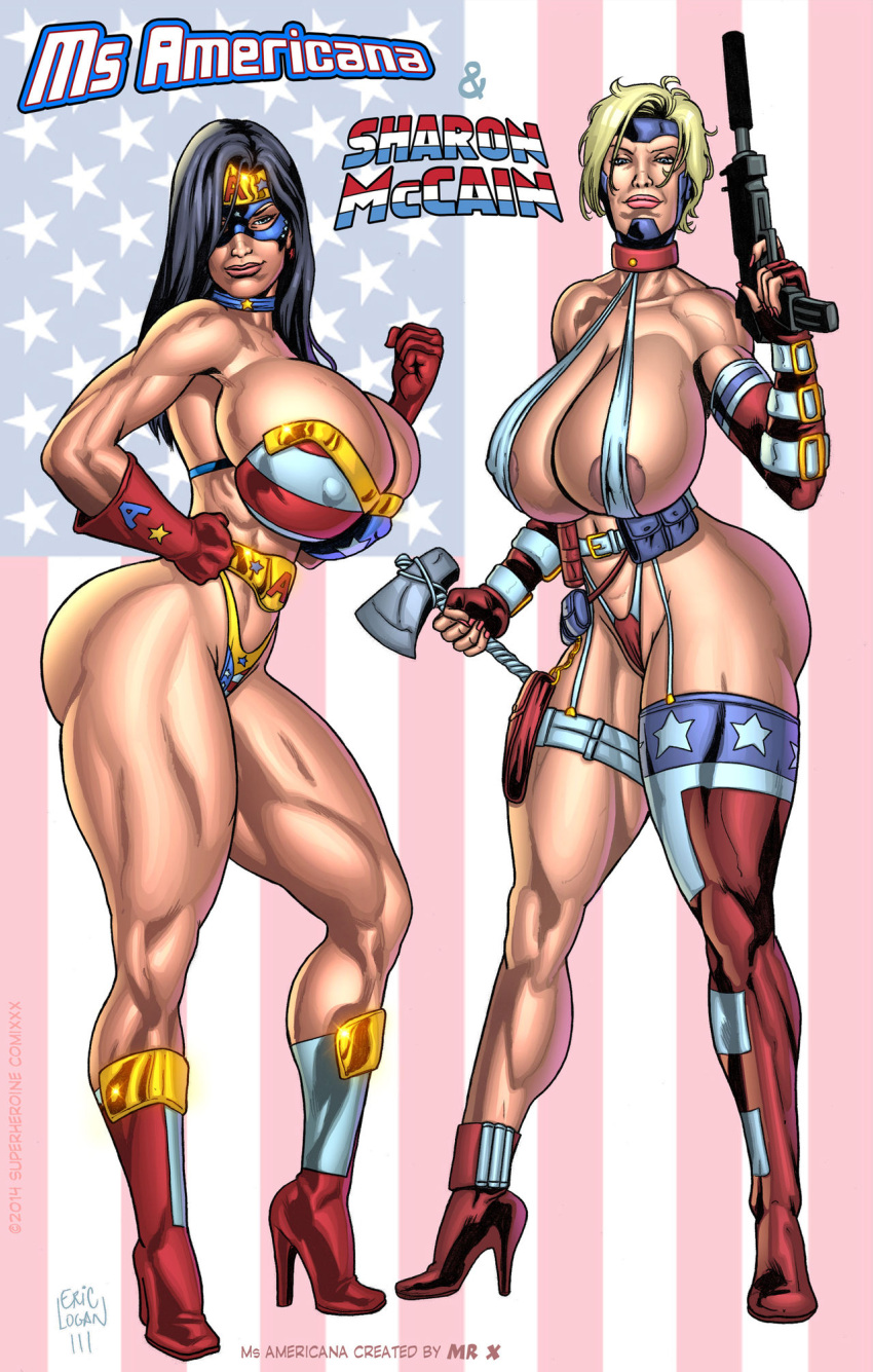 american_flag american_flag_bikini automatic_weapon bimbo blue_choker blue_mask choker confident eric_logan_iii female firearm gloves gold_belt gold_tiara golden_belt gun handgun high_heel_boots high_heels human large_breasts masked_female ms._americana pale_skin patriotic_clothing posing pouches red_boots sharon_mccain slingshot_bikini smug star_earrings superheroine superheroinecomixxx suppressor swimwear tomahawk weapon