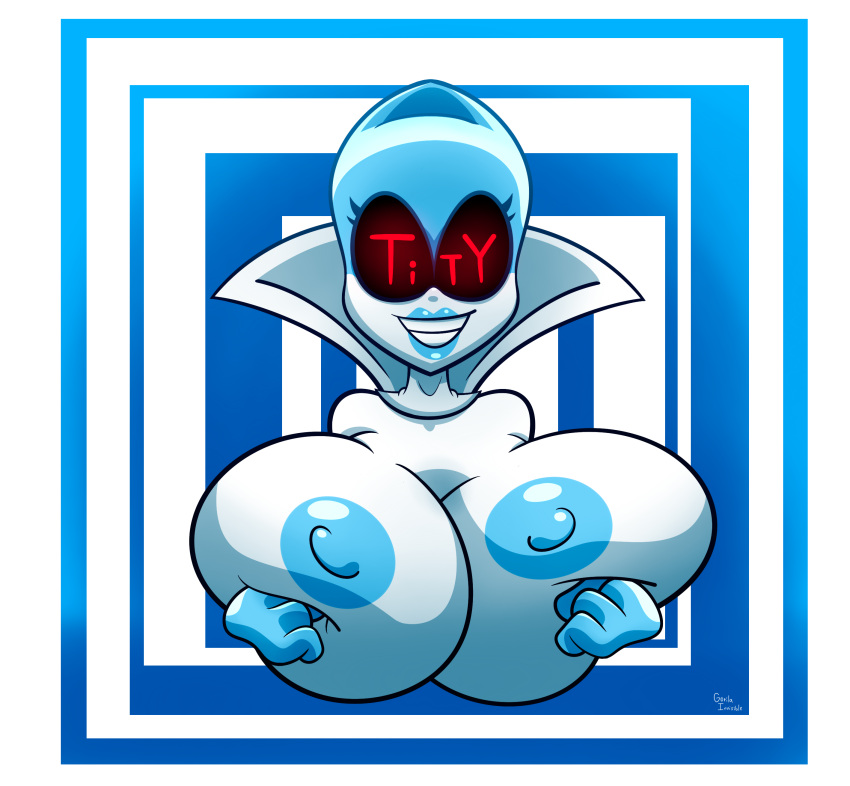 1girls blue_lipstick deltarune gorila_invisible_(artist) hands_on_breasts huge_breasts large_breasts nipples queen_(deltarune) robot robot_girl topless