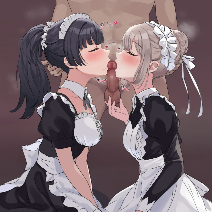 1boy 2girls apron black_hair blowjob_sandwich blush breasts censored closed_eyes collaborative_fellatio commentary_request dark-skinned_male dark_skin double_fellatio erection fellatio ffm_threesome grey_hair highres idolmaster idolmaster_shiny_colors kurokin large_breasts light-skinned_female light_skin long_hair long_sleeves maid maid_headdress maid_uniform mayuzumi_fuyuko mosaic_censoring multiple_girls penis ponytail serizawa_asahi short_sleeves sidelocks simple_background small_breasts small_penis teamwork teenage_girl teenager threesome white_apron white_headwear