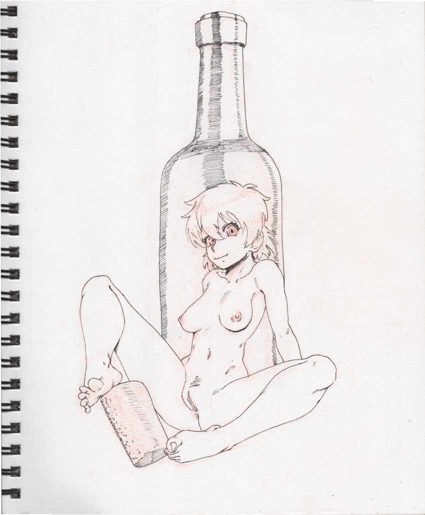 1girls bottle cork looking_at_viewer medium_breasts nude pussy scan short_hair sitting skk solo traditional_media_(artwork)