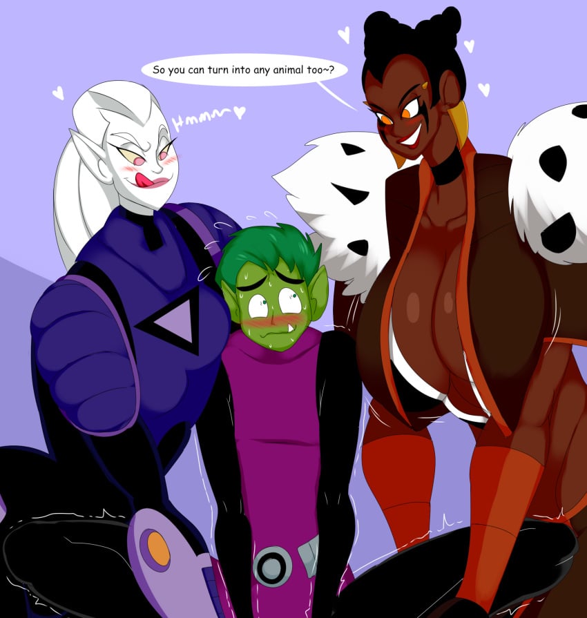 1boy 2girls beast_boy big_breasts black_hair blush blush_lines blushing blushing_male blushing_profusely breasts choker cleavage dark-skinned_female dark_skin dc dc_comics dcamu dcau denizen1414 dialogue embarassed embarassed_male english_text fang female flirting flustered flustered_male garfield_logan green-skinned_male green_eyes green_skin hearts huge_breasts justice_league:_crisis_on_two_earths justice_league_unlimited licking_lips male orange_eyes pale-skinned_female pale_skin pink_eyes ponytail shifter_(dc) shy smile speech_bubble teen_titans teen_titans_(television_series) tongue vamp_(dc) white_hair