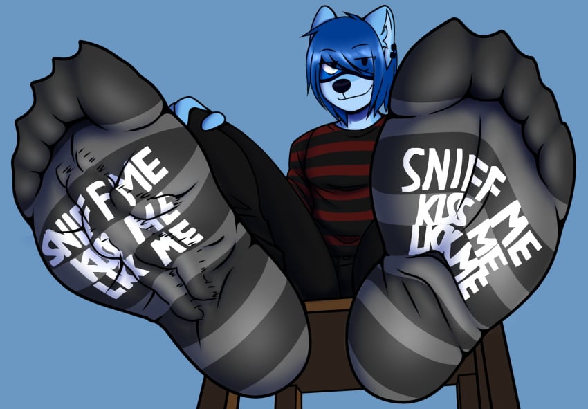 anthro azura_(aimpunch) chair claws duo emo_haircut feet female foot_fetish foot_focus foot_on_face furniture hair hair_over_eye hi_res hindpaw ifuritto larger_male looking_at_viewer male male/female mostly_clothed on_chair one_eye_obstructed paws raised_foot sam_(ifuritto) simple_background sitting sitting_on_chair size_difference smaller_female smile smug soles squish toe_claws trapped_in_clothing trapped_in_socks