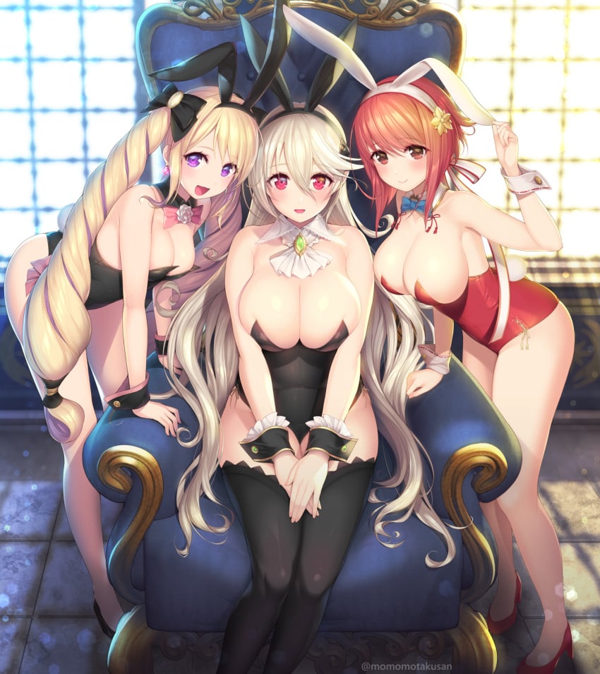 2023 3girls alternate_costume arm_support armpits ass bangs bare_arms bare_legs bare_shoulders bare_thighs big_ass black_leotard blonde_hair bowtie breasts brown_eyes bunny_club bunny_ears bunny_girl bunny_tail bunnysuit cleavage collarbone corrin_(fire_emblem) corrin_(fire_emblem)_(female) detached_collar elise_(fire_emblem) female female_only fire_emblem fire_emblem_fates grabbing hairband high_heels indoors inner_thighs kashiwamochi_yomogi large_breasts leaning_forward legs leotard light light_red_hair long_hair looking_at_viewer medium_breasts medium_hair multiple_girls nintendo own_hands_together pointy_ears purple_eyes red_eyes red_hair red_legwear sakura_(fire_emblem) shoulders siblings sideboob sisters sitting smile standing thighhighs thighs throne twintails very_long_hair window wrist_cuffs year_of_the_rabbit