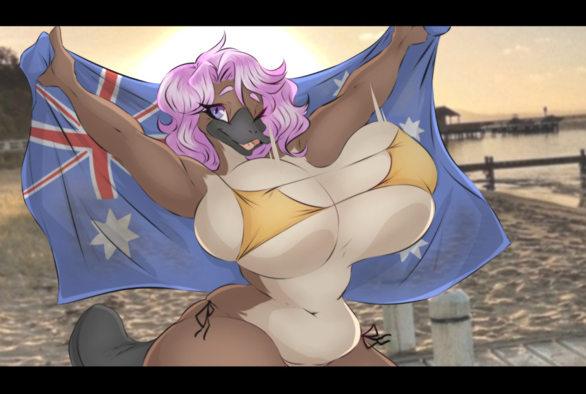 australian_flag big_breasts breasts brown_body color dullvivid female flag photo_background pink_hair platypus pose purple_eyes side-tie_bikini sunset tail too_small_bikini two_tone_body wink