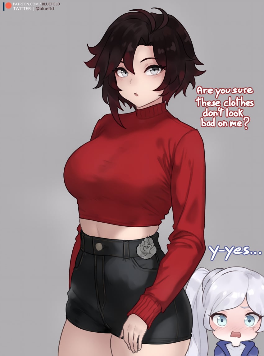 2girls absurd_res ahoge artist_name big_breasts black_hair black_shorts bluefield crop_top english_text female female_only gradient_hair grey_background high-waist_shorts hips human long_sleeves looking_at_viewer midriff multiple_girls red_hair red_sweater ruby_rose rwby short_hair shorts silver_eyes solo_focus stomach text thick_thighs thighs turtleneck weiss_schnee yuri