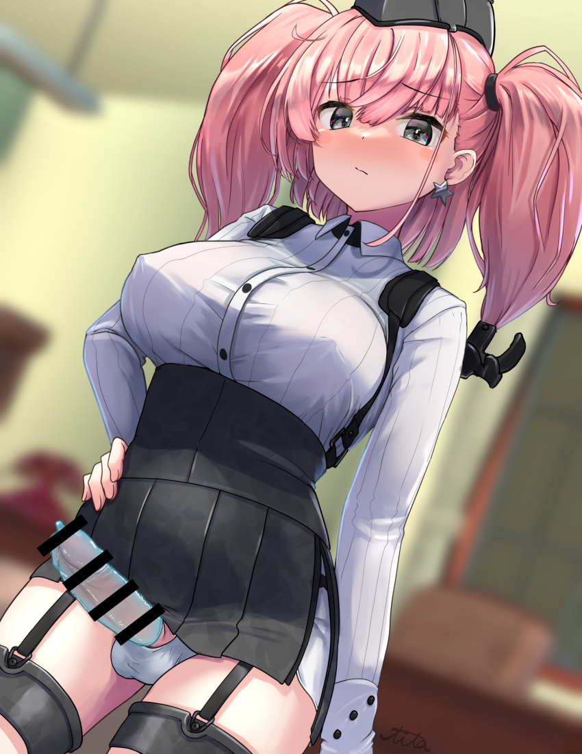 1futa anchor_hair_ornament atlanta_(kantai_collection) balls bar_censor black_headwear black_skirt bottomless breasts censored closed_mouth clothed clothing collared_shirt condom dress_shirt earrings erection female futa_only futanari garrison_cap grey_eyes hair_ornament hand_on_hip hat high-waist_skirt highres horny human jewelry kantai_collection large_breasts light-skinned_futanari light_skin long_hair long_sleeves mostly_clothed penis pink_hair shirt single_earring skirt soba_chatarou_(tita) solo solo_futa standing star_(symbol) star_earrings suspender_skirt suspenders twintails two_side_up white_shirt