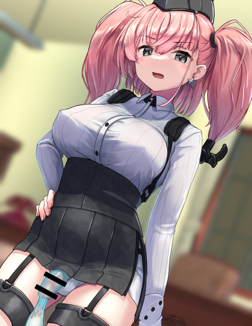 1futa anchor_hair_ornament atlanta_(kantai_collection) balls bar_censor black_headwear black_skirt bottomless breasts censored clothed clothing collared_shirt condom cum dress_shirt earrings erection flaccid futa_only futanari garrison_cap grey_eyes hair_ornament hand_on_hip hat high-waist_skirt highres horny human jewelry kantai_collection large_breasts light-skinned_futanari light_skin long_hair long_sleeves mostly_clothed penis pink_hair shirt single_earring skirt soba_chatarou_(tita) solo solo_futa standing star_(symbol) star_earrings suspender_skirt suspenders twintails two_side_up white_shirt