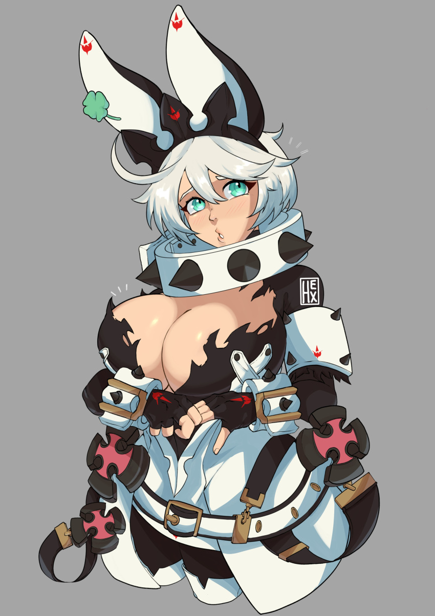 blue_eyes blush breasts elphelt_valentine fake_animal_ears female fingerless_gloves guilty_gear hexprinxess huge_breasts large_breasts looking_at_viewer rabbit_ears solo wedding_dress white_hair