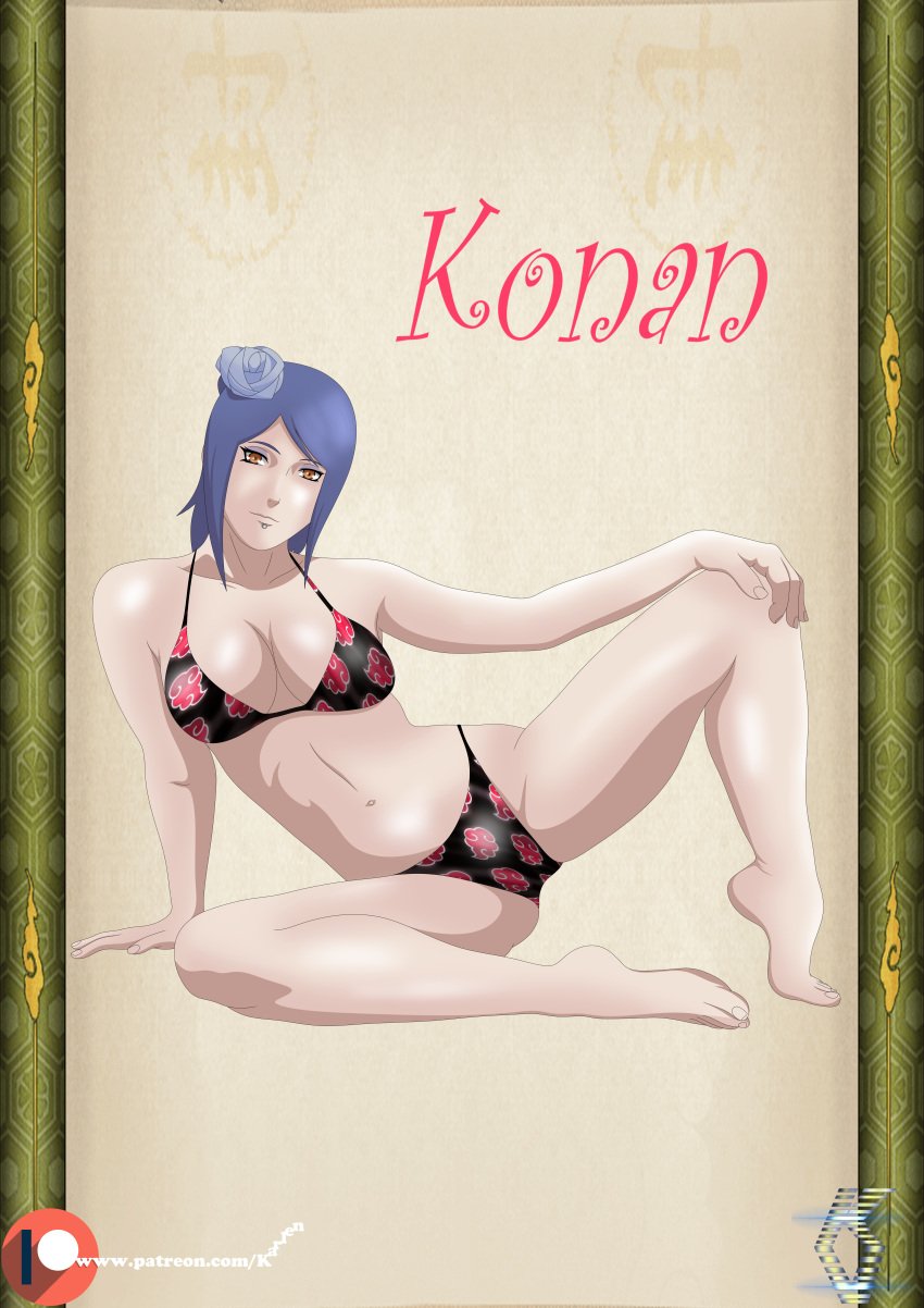 1girls adapted_costume akatsuki_(naruto) amber_eyes bare_legs bare_shoulders barefoot big_breasts bikini blue_hair breasts character_name cleavage cloud_print facial_piercing flower flower_in_hair karlen_vardanyan konan labret labret_piercing long_hair mascara mature mature_female midriff naruto naruto_(series) naruto_shippuden orange_eyes piercing sitting smile solo solo_focus spread_legs swimsuit