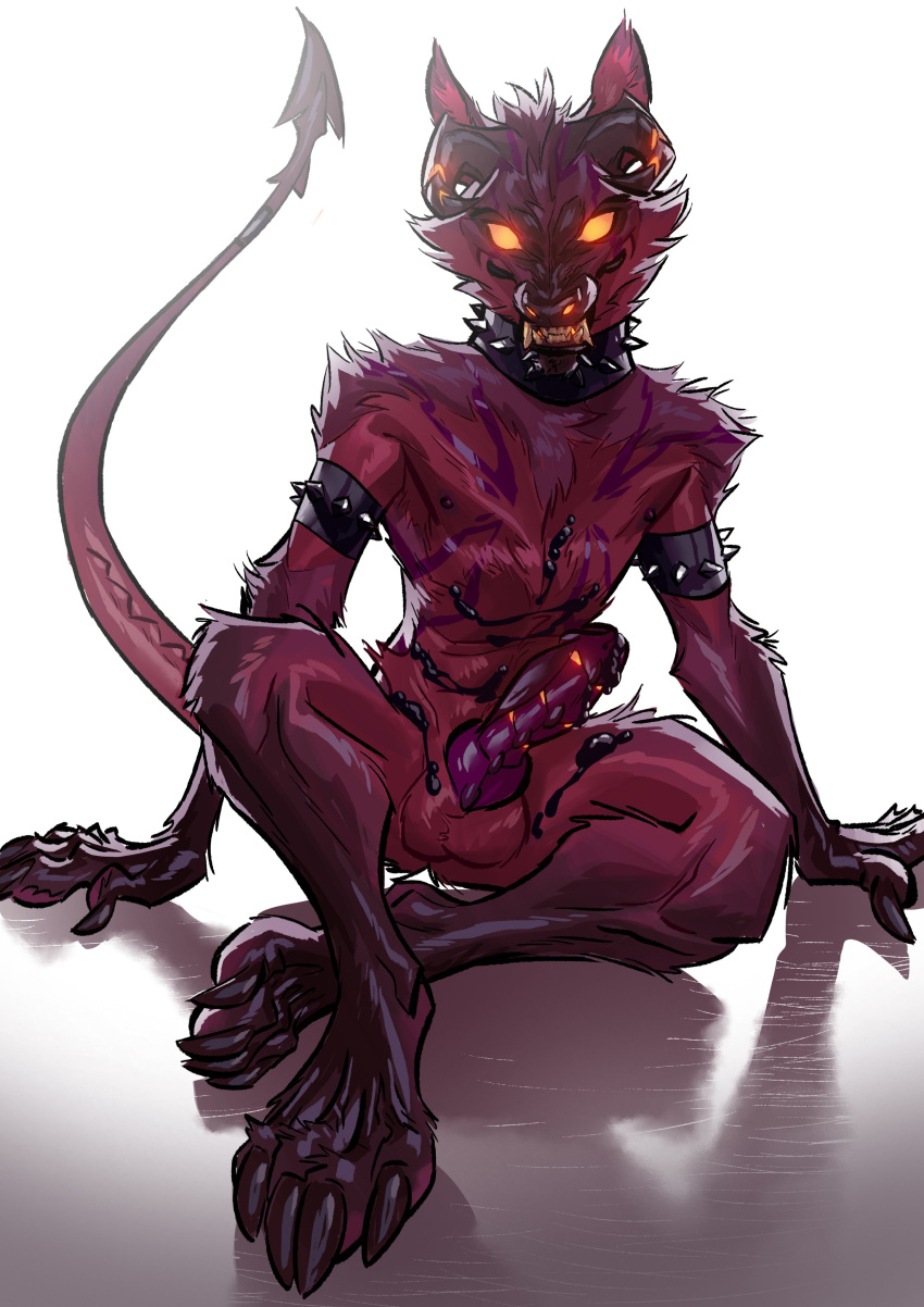 2021 absurd_res animal_genitalia animal_penis anthro armband black_cum bodily_fluids canid canid_demon canine_genitalia canine_penis claws collar colored_cum cum demon genital_fluids genitals glowing glowing_eyes hellhound hi_res horn knot looking_at_viewer male male_only mammal max_(maxspite) maxspite nude penis shadow simple_background sitting solo spade_tail spiked_armband spiked_collar spikes teeth toe_claws unusual_bodily_fluids unusual_cum unusual_genital_fluids