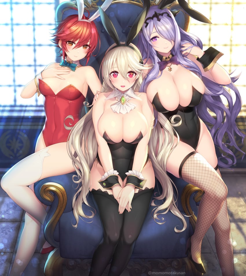 2023 3girls ahoge alternate_costume arm_around_back armpits bare_arms bare_shoulders bare_thighs black_leotard black_thighhighs blonde_hair bowtie breasts bunny_club bunny_ears bunny_girl bunnysuit camilla_(fire_emblem) cleavage collarbone corrin_(fire_emblem) corrin_(fire_emblem)_(female) covered_navel detached_collar earrings female female_only fire_emblem fire_emblem_fates fishnet_legwear fishnets hair_between_eyes hair_over_one_eye hand_on_another's_arm hand_on_own_chest high_heels hinoka_(fire_emblem) horns huge_breasts indoors inner_thighs kashiwamochi_yomogi large_breasts leg_up leotard long_hair looking_at_viewer medium_breasts multiple_girls nintendo orange_eyes own_hands_together pink_eyes pointy_ears purple_hair red_eyes red_hair red_leotard short_hair shoulders siblings sideboob sisters sitting skindentation smile thick_thighs thighhighs thighs throne very_long_hair white_thighhighs wrist_cuffs year_of_the_rabbit