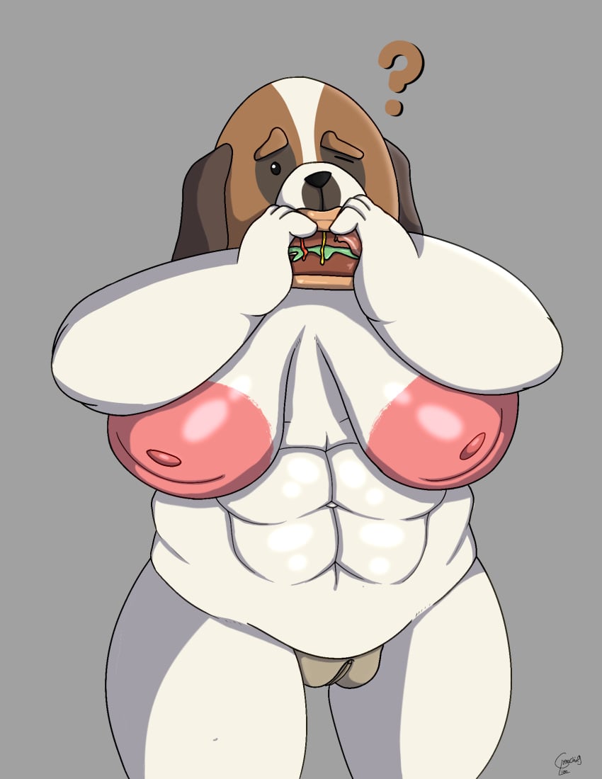 anthro areola big_areola big_breasts breasts burger canid canine canis crouchingli0n dogs_in_space domestic_dog duchess_(dogs_in_space) eating eating_food female food genitals hi_res mammal molosser mountain_dog muscular muscular_female pink_areola pussy saint_bernard solo