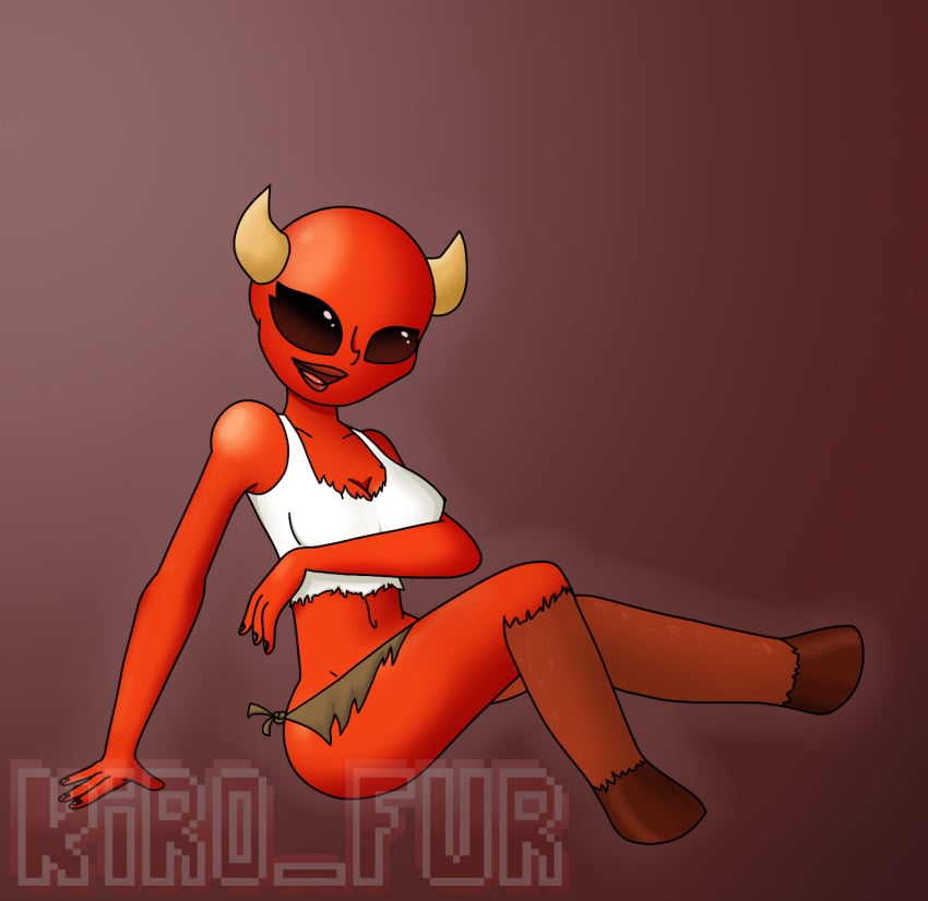 bald bald_female black_eyes demon demon_girl goat_demon goat_legs horns kiro_fur legs_up no_background nude oc red_body smiling tongue twitter_username