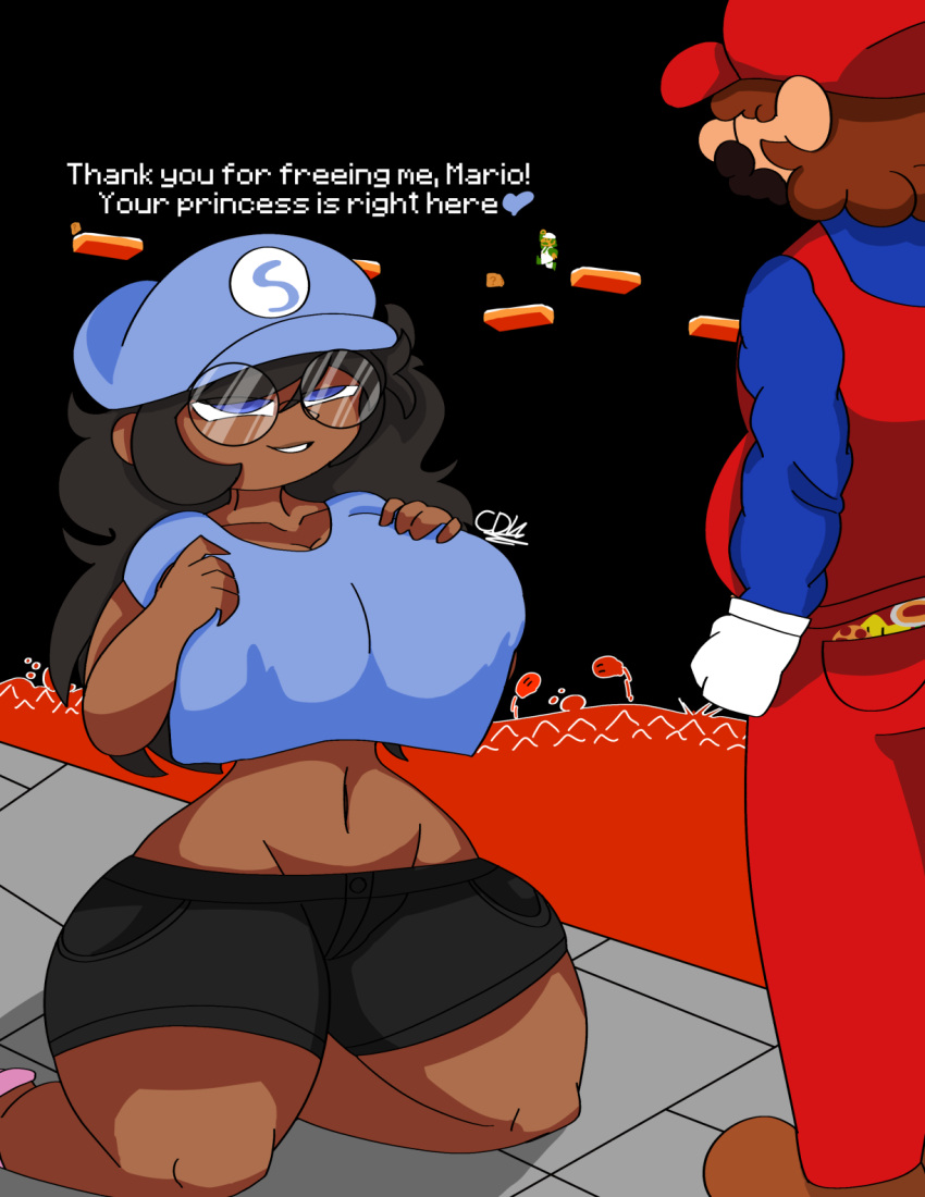 1girls 2boys beard belly_button black_clothing black_hair blue_clothing blue_eyes breast_focus cdk cleavage commission crop_top dialogue digital_media_(artwork) duo_focus glasses heart kneeling lava long_hair luigi male mario mario_(series) massive_breasts multiple_boys no_panties red_clothing sara_(whythonk) shorts smile super_mario_bros. super_mario_bros._(nes) text thin_waist watermark