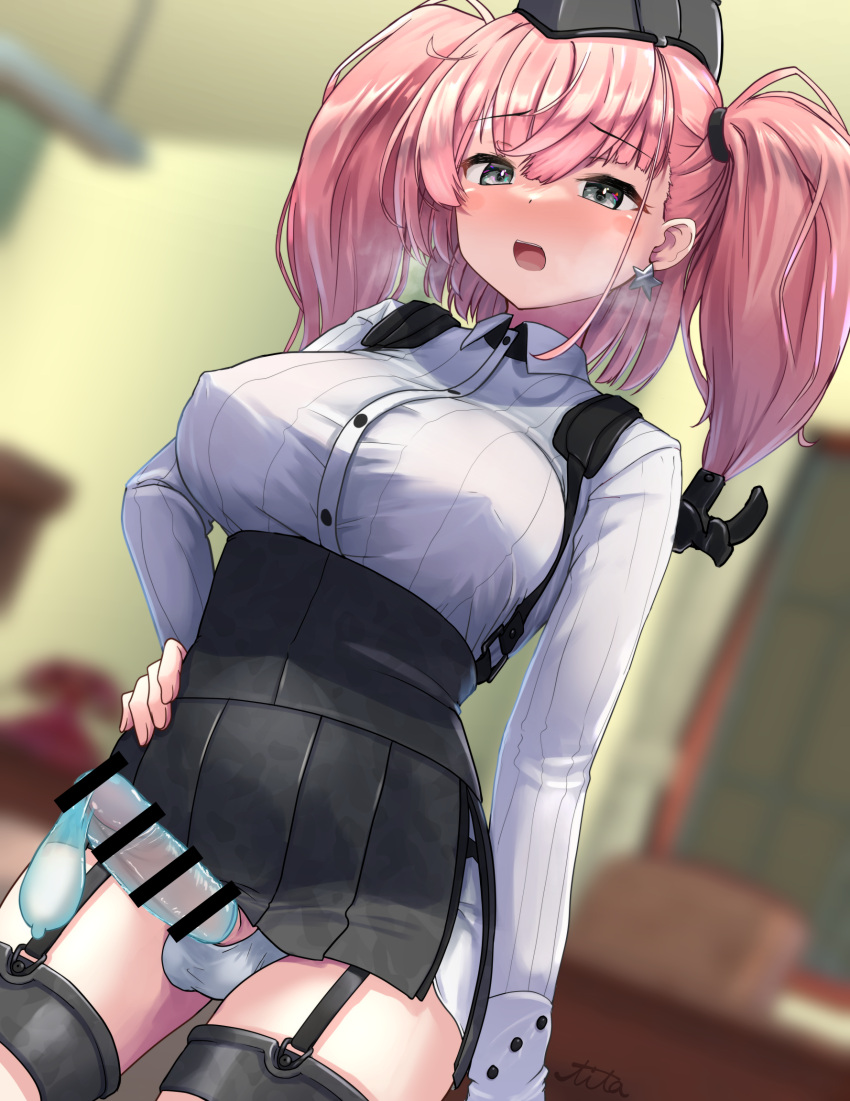 1futa anchor_hair_ornament atlanta_(kantai_collection) balls bar_censor black_headwear black_skirt bottomless breasts censored clothed clothing collared_shirt condom cum dress_shirt earrings erection female futa_only futanari garrison_cap grey_eyes hair_ornament hand_on_hip hat high-waist_skirt highres horny human jewelry kantai_collection large_breasts light-skinned_futanari light_skin long_hair long_sleeves mostly_clothed penis pink_hair shirt single_earring skirt soba_chatarou_(tita) solo solo_futa standing star_(symbol) star_earrings suspender_skirt suspenders twintails two_side_up white_shirt