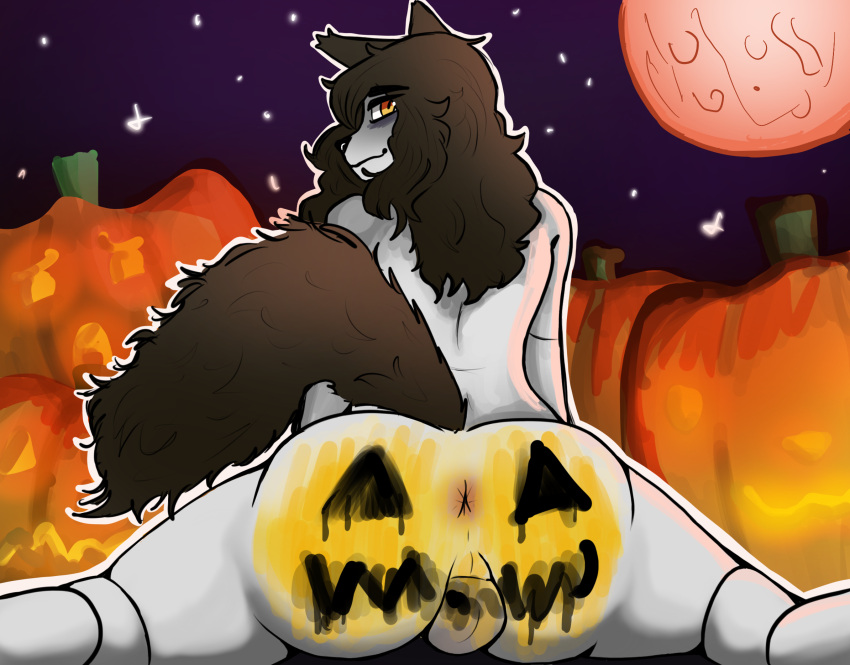 anthro anus ass balls bodypaint brown_hair fluffy_uzume food fruit fur genitals hair hi_res male painted_butt plant pumpkin pumpkin_butt pumpkin_patch solo solo_male uzu white_body white_fur