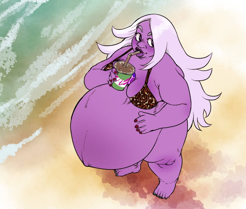 1girls amethyst_(steven_universe) beach belly big_belly big_breasts bikini breasts cleavage female glenngarth huge_belly huntermnsfw outie_navel pregnant purple_skin steven_universe white_hair