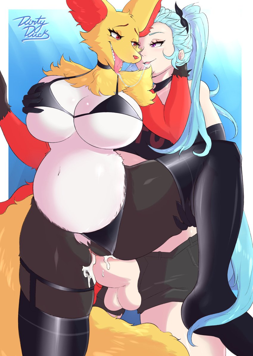 1futa 1girls absurd_res after_kiss akeno_(itsnafulol) anthro big_breasts big_penis bikini black_body black_fur blue_hair bodily_fluids boots bottomwear breasts breath clothed clothed_sex clothing cum cum_in_pussy cum_inside cutoffs delphox denim denim_clothing dirtyduckart dominant dominant_gynomorph dominant_intersex duo female footwear fur futa_wife generation_6_pokemon genital_fluids genitals gynomorph hair happy happy_sex hi_res human human_dominating_anthro human_on_anthro impregnation inner_ear_fluff intersex intersex/female interspecies interspecies_pregnancy mammal milf nintendo orange_body orange_fur penis pokemon pokemon_(species) pregnant purple_eyes raised_leg ready_to_pop saliva saliva_string sex shorts swimwear tail tuft twintails vaginal_penetration white_body white_fur yellow_body yellow_fur