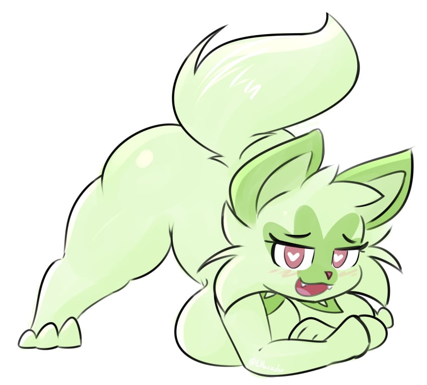 <3_eyes adorable anthro ass big_ass big_breasts big_butt blush breast_squish breasts cheek_tuft clothing cute cute_face facial_tuft fangs female female_only fluffy fluffy_tail generation_9_pokemon green_body heart hi_res jack-o'_pose legwear lhacedor looking_at_viewer narrowed_eyes nintendo paws pokemon pokemon_(species) pokemon_sv pose red_eyes smile smiling_at_viewer solo solo_female sprigatito squish tail teeth thick_thighs thigh_highs tuft