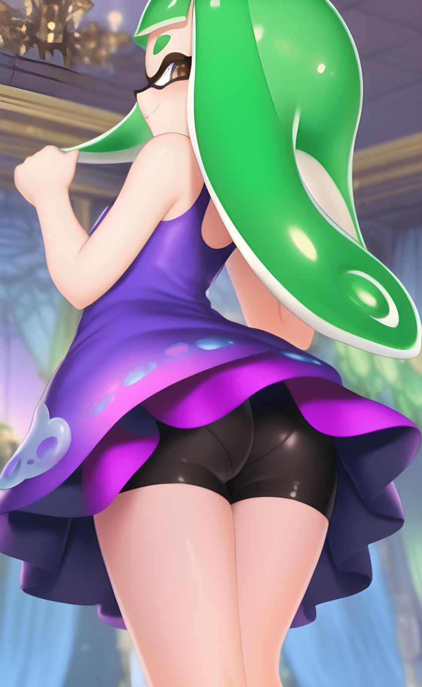 ai_generated ai_upscaled ass big_ass bike_shorts castle dress female female_only green_hair hentai_diffusion inkling inkling_girl nintendo panties panties_under_bike_shorts panties_under_shorts smile smiling smiling_at_viewer solo solo_female solo_focus splatoon stable_diffusion tight_clothing tight_dress tight_fit tight_pants yellow_eyes