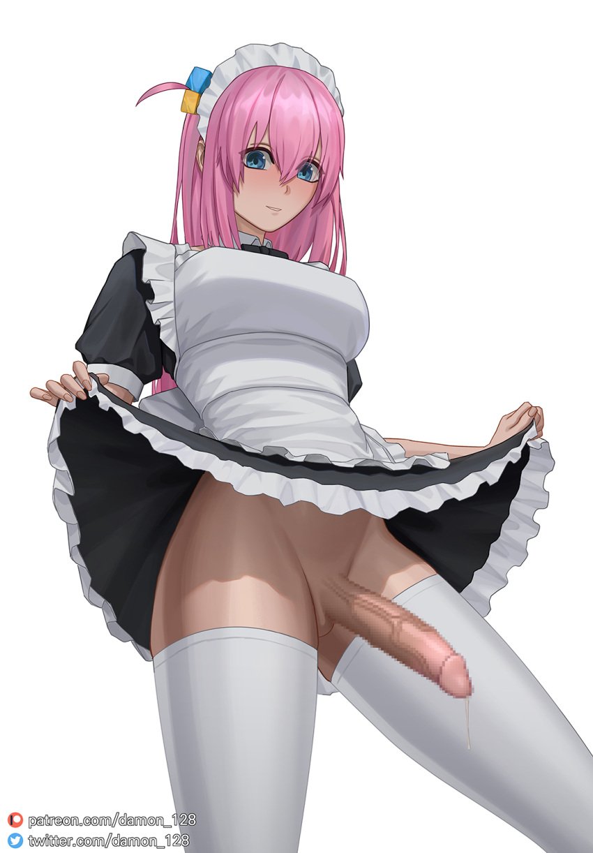 1futa big_penis blue_eyes blush bocchi_the_rock! bottomless breasts censored clothed clothing damon_(artist) erect_penis erection fat_cock futa_only futanari gotou_hitori human legwear lifting_skirt light-skinned_futanari light_skin long_penis maid maid_headdress maid_outfit maid_uniform meaty_dick mosaic_censoring mostly_clothed penis pink_hair precum precum_drip precum_on_penis precum_string presenting showing_penis simple_background small_waist solo solo_futa standing thick thick_penis thighhighs thighs veiny_penis