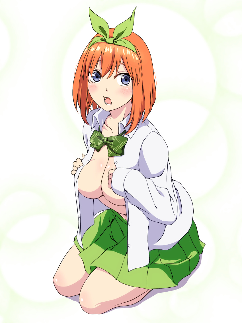 absurdres bangs blue_eyes blush bow breasts cleavage female go-toubun_no_hanayome green_bow green_hairband green_ribbons green_skirt hair_between_eyes hair_ribbon hairband highres hugimosi large_breasts long_sleeves looking_at_viewer medium_hair nakano_yotsuba open_clothes open_mouth pleated_skirt ribbon school_uniform shirt simple_background sitting skirt solo wariza white_shirt