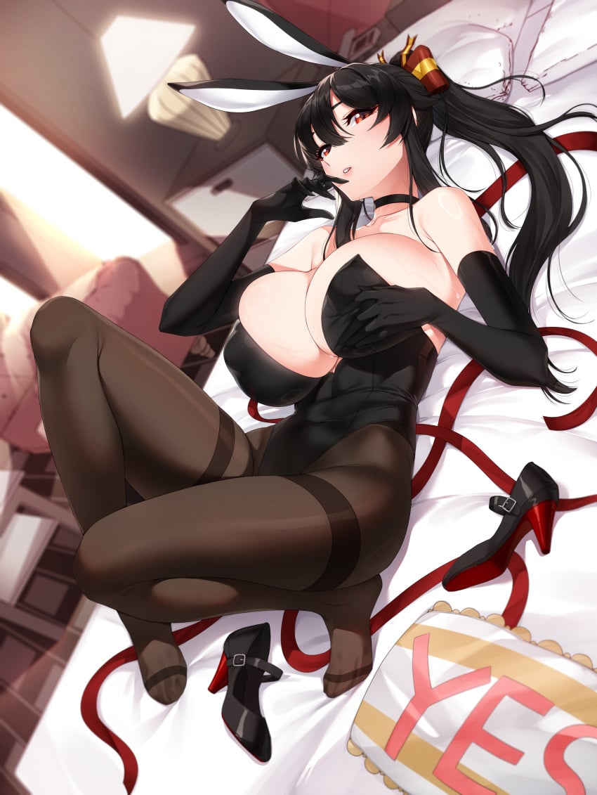 1girls akchu black_hair breasts bunny_ears bunny_girl bunnysuit chobi_(akchu) choker cleavage female high_resolution highleg_leotard huge_breasts leotard light-skinned_female light_skin long_hair lying_on_back naughty_face original original_character red_eyes smile suggestive_look thick_thighs thighs tights