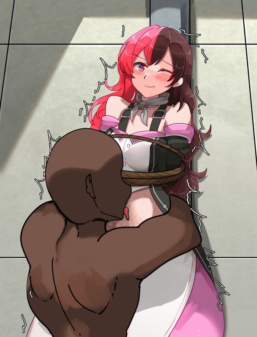 1girls bakasplilzy black_clothing black_neckwear blush blush_lines bound bound_arms brown_hair dark-skinned_male female licking licking_stomach navel neo_(rwby) pink_clothing pink_hair rope rwby tagme tagme_(artist) tickling white_clothing